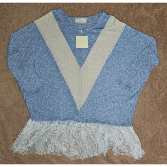 A'Reve Tops - A'reve Womens Chevron V Long Sleeve T Shirt With Ruffle Lace Hem